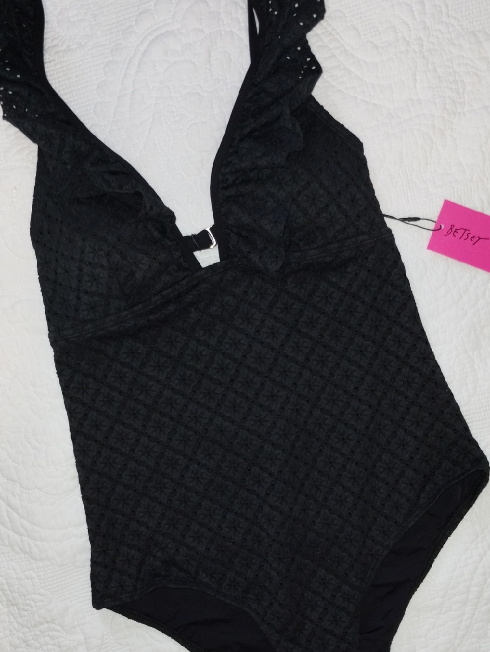Betsey Johnson Black Ruffle One-Piece Swimsuit